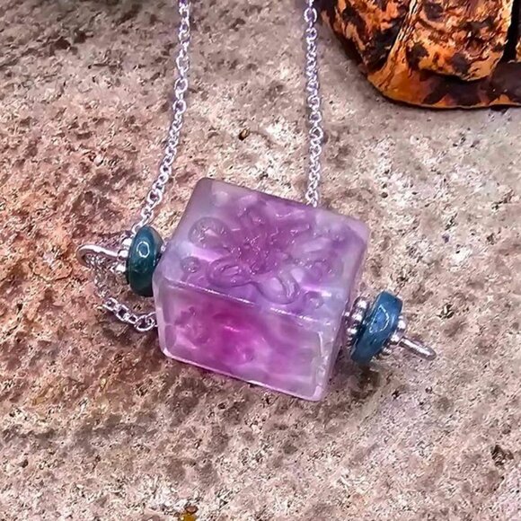 Nature Fluorite Carved Fret Symbols Cube Pendant Necklace - Picture 5 of 10